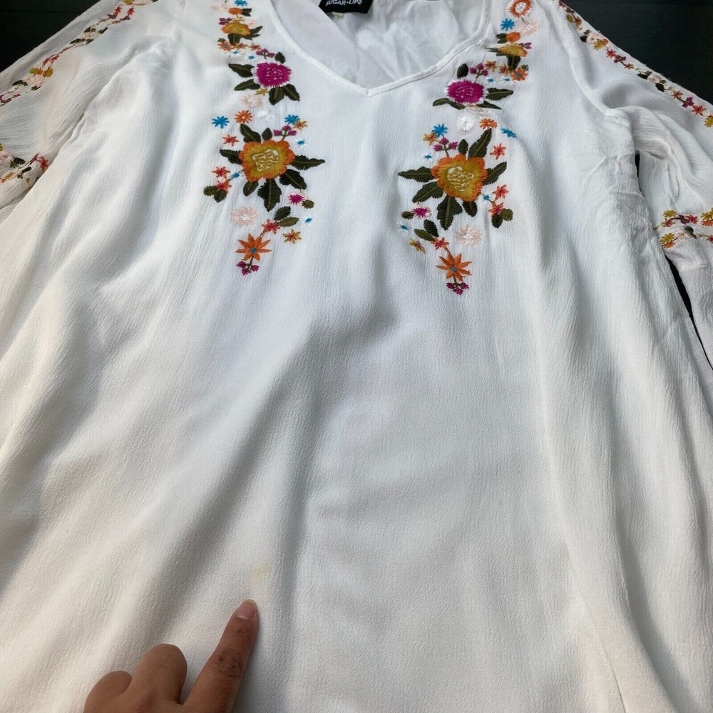 Womens Sugar Lips V Neck Floral Embroidered Lined Tunic Dress Bell Sleeve Sz M - Picture 5 of 16